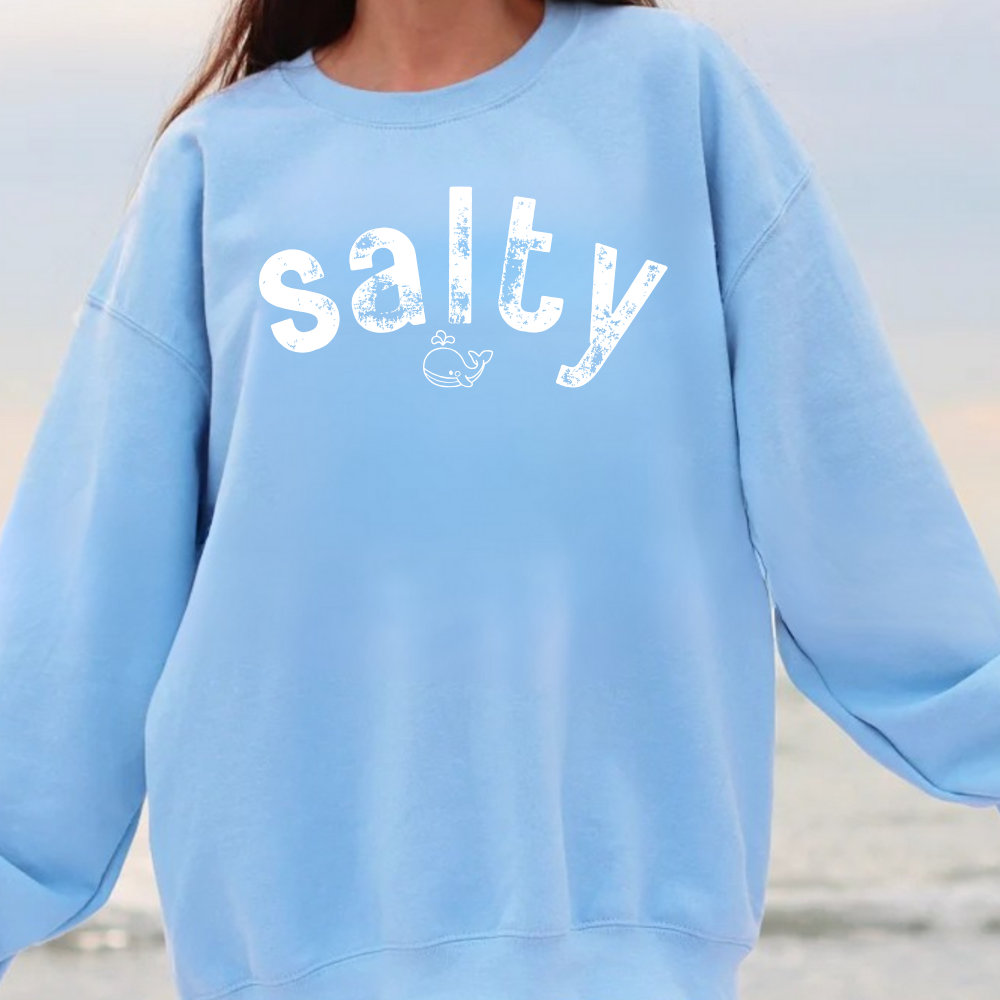 "salty"with tiny whale/ Crewneck Sweatshirt - Soft and Comfy for Relaxing Days by the Water