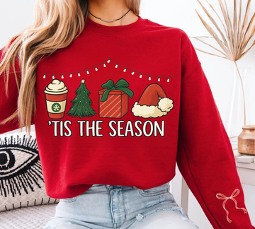 'Tis the Season Holiday Graphic (coffee, tree, gift, Santa hat)Crewneck Sweatshirt