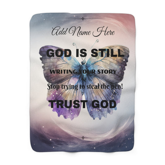 Cozy Sherpa Blanket — "God Is Still Writing Your Story" Inspirational Butterfly Throw