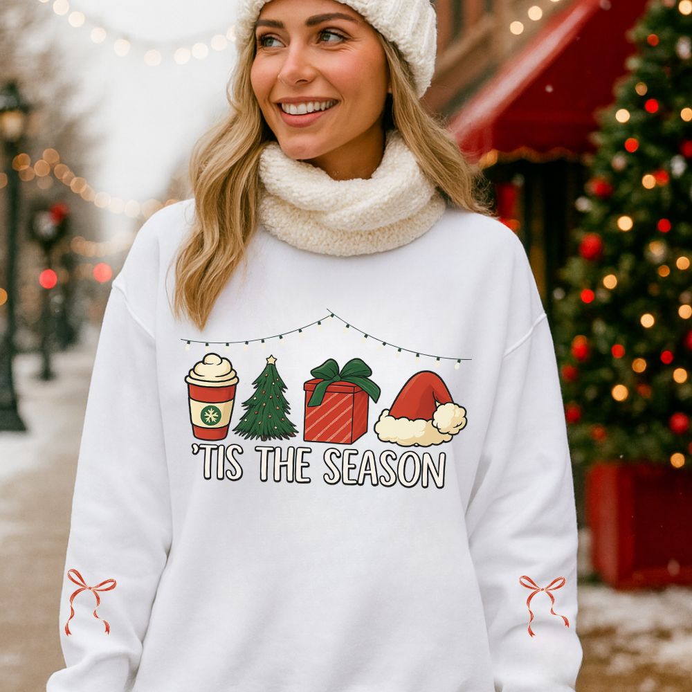'Tis the Season Holiday Graphic (coffee, tree, gift, Santa hat)Crewneck Sweatshirt